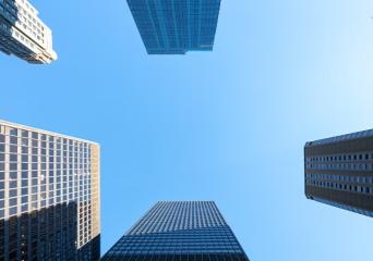 View of office buildings from the street level.